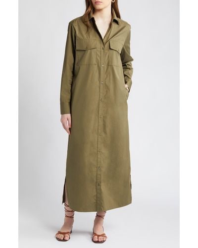 Nordstrom Two-pocket Long Sleeve Cotton Shirtdress - Green