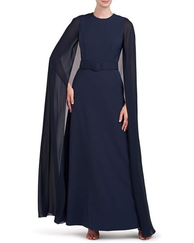 Kay Unger Freya Belted Cape Gown - Blue