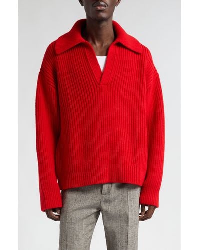Bottega Veneta Johnny Collar Wool & Cashmere Rib Polo Sweater - Red