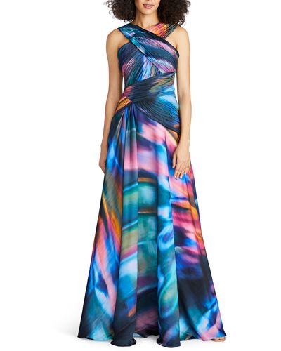 THEIA Stacy Abstract Print Crossover Neck Faux Wrap Gown - Blue