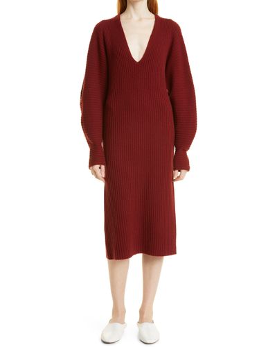 Vince Ribbed Plunge Neck Long Sleeve Wool Blend Dress In 528cur-currant At Nordstrom Rack - Red