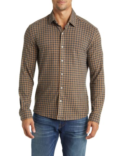 Stone Rose Gingham Check Wrinkle Resistant Tech Fleece Button-up Shirt - Brown