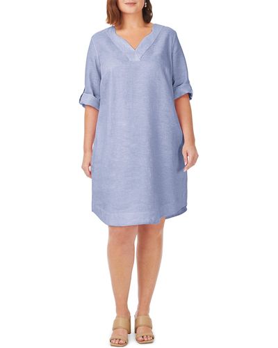 Foxcroft Harmony Roll-tab Sleeve Linen Shift Dress - Blue