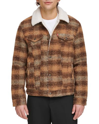 Plaid faux shearling lined wool blend shop trucker jacket