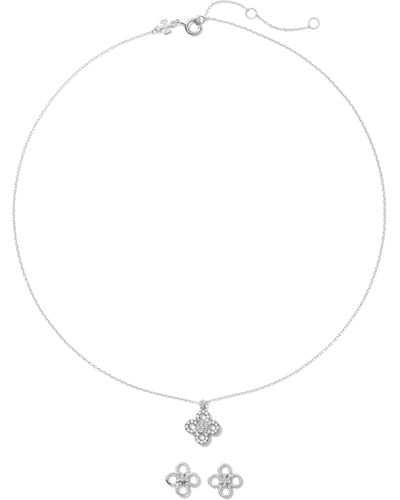 Tory Burch Kira Clover Pendant Necklace & Stud Earrings Set - White