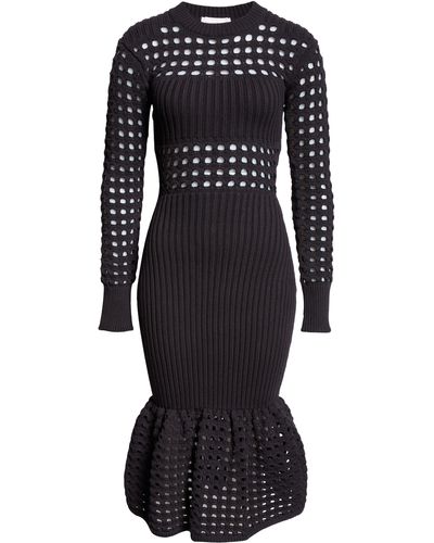 Alexander McQueen Long Sleeve 3d Mesh Midi Sweater Dress - Black