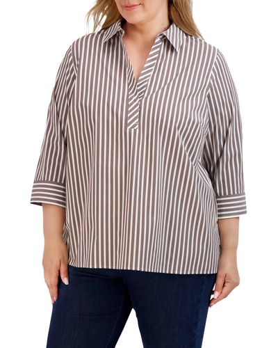 Foxcroft Sophia Stripe Three-quarter Sleeve Stretch Button-up Shirt - Gray