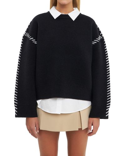 English Factory Whipstitch Accent Crewneck Sweater - Black