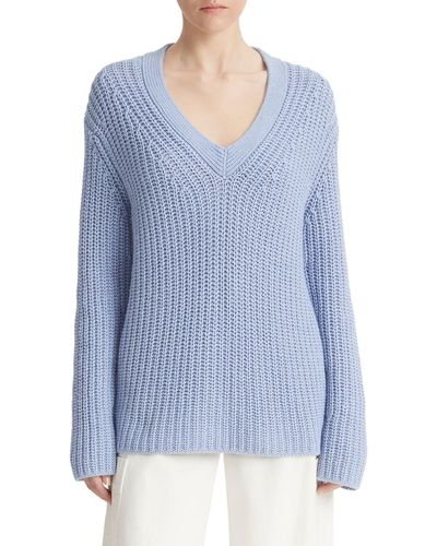 Vince Shaker Stitch V-neck Sweater - Blue