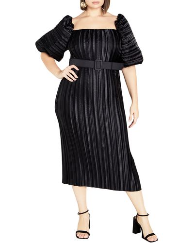 City Chic Krista Pleated Puff Sleeve Midi Dress - Black