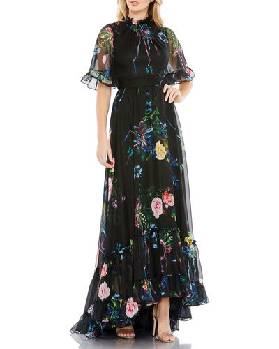 Mac Duggal Floral Ruffle Neck High-low Gown - Black