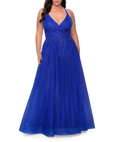 La Femme Embroidered & Beaded Tulle Ballgown - Blue