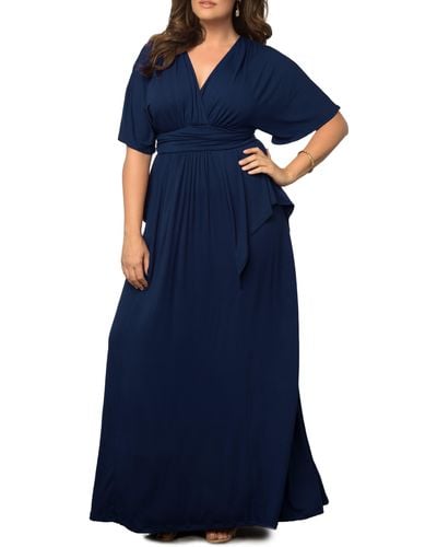 Kiyonna Indie V-neck Fit & Flare Dress - Blue