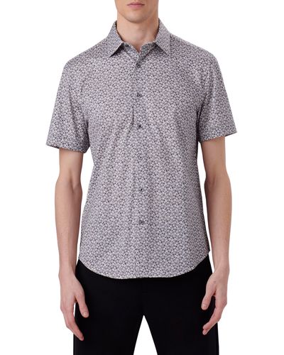 Bugatchi Miles Ooohcotton Abstract Print Short Sleeve Stretch Button-up Shirt - Gray
