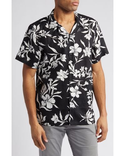 Nordstrom Brushed Floral Short Sleeve Button-up Linen Camp Shirt - Black