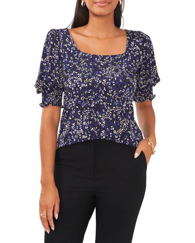 Chaus Leopard Square Neck Smocked Sleeve Blouse - Blue
