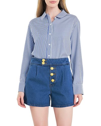 English Factory Colorblock Stripe Long Sleeve Button-up Shirt - Blue