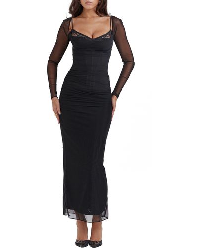 House Of Cb Katrina Lace Mesh Long Sleeve Gown - Black