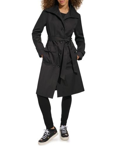 Karl Lagerfeld Wing Collar Belted Single Breasted Trench Coat - Black