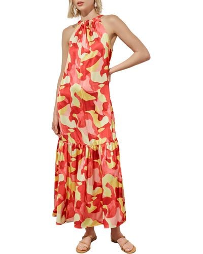Ming Wang Floral Sleeveless Ruffle Hem Maxi Dress - Red