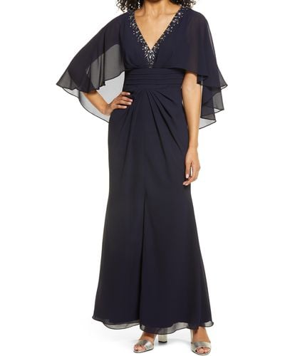 Vince Camuto Beaded Neckline Capelet Gown - Blue