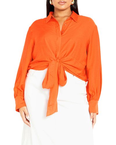 City Chic Rosabella Tie Hem Button-up Shirt - Orange