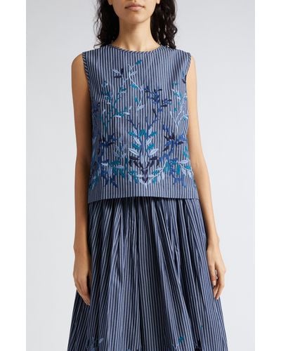 Loretta Caponi Hilary Floral Embroidered Stripe Sleeveless Top - Blue