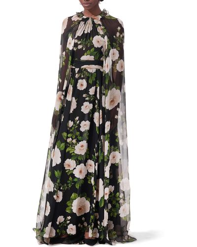 Carolina Herrera Floral Silk Halter Neck Gown With Detachable Cape - Black