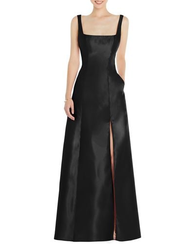 Alfred Sung Square Neck Satin A-line Gown - Black
