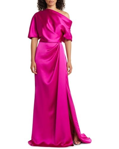 Amsale Gathered One-shoulder Satin Gown - Pink