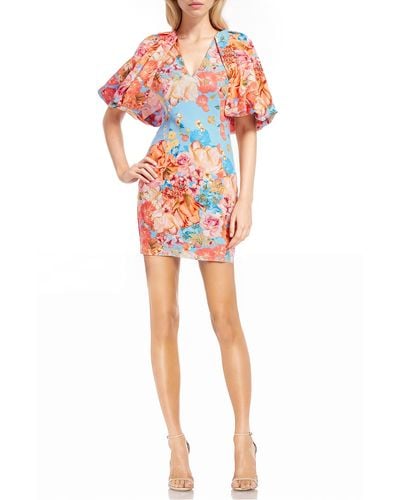 Badgley Mischka Floral Pleated Puff Sleeve Cocktail Minidress - Red