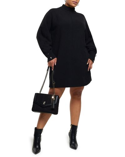 River Island Cozy Button Detail Long Sleeve Sweater Dress - Black