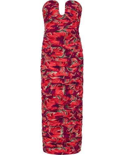 MILLY Windmill Floral Pleated Strapless Chiffon Gown - Red