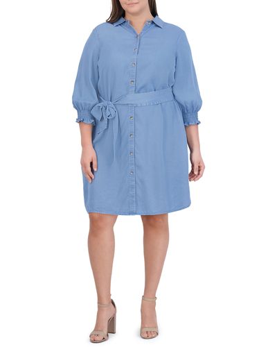 Foxcroft Abby Belted Long Sleeve Shirtdress - Blue