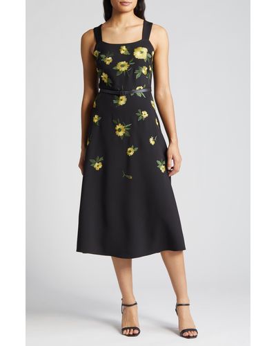 Anne Klein Floral Embroidered Belted A-line Dress - Black