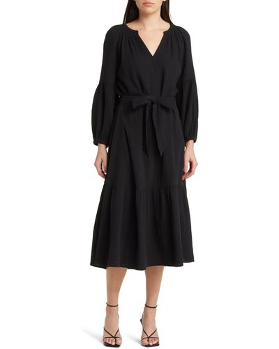 Rails Vittoria Long Sleeve Double Organic Cotton Gauze Midi Dress - Black