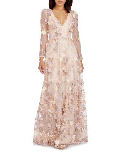 Dress the Population Angelina Floral Embroidery Long Sleeve Gown - Natural