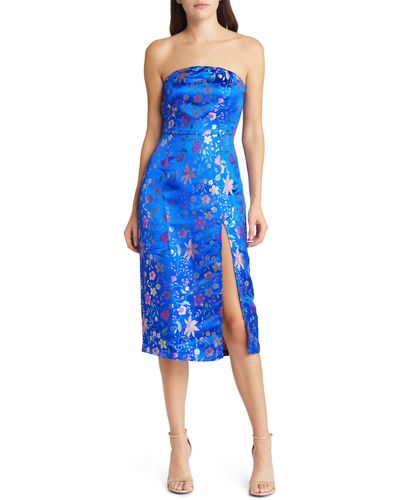 Lulus Make A Move Floral Jacquard Sleeveless Satin Dress - Blue