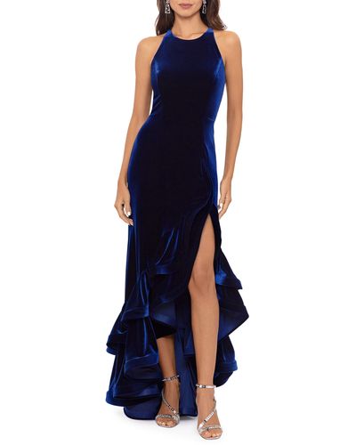 Betsy & Adam Tiered Ruffle High-low Velvet Gown - Blue