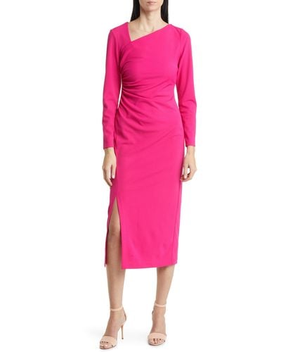 Anne Klein Ruched Asymmetric Neck Long Sleeve Midi Dress - Pink