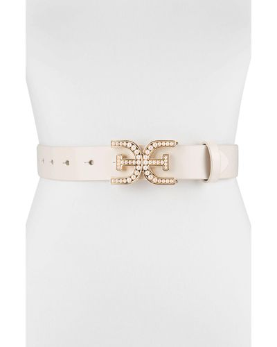 Sam Edelman Imitation Pearl Logo Plaque Belt - White