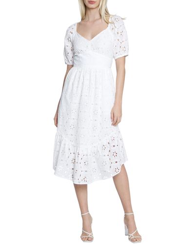 Maggy London Eyelet Puff Sleeve Cotton Midi Dress - White