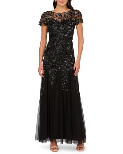 Adrianna Papell Floral Embroidered Beaded Trumpet Gown - Black