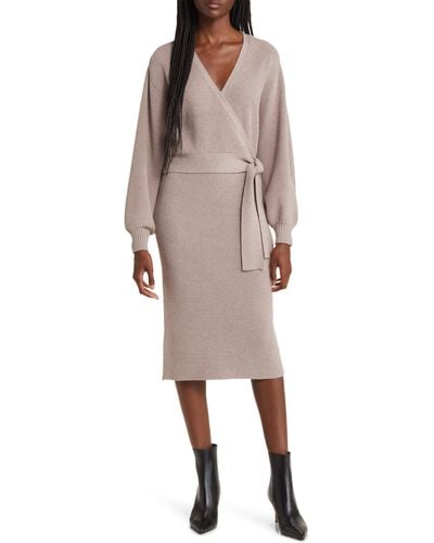 Charles Henry Long Sleeve Faux Wrap Sweater Dress - Natural