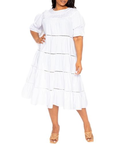 Buxom Couture Tiered Cotton Blend Poplin Dress - White