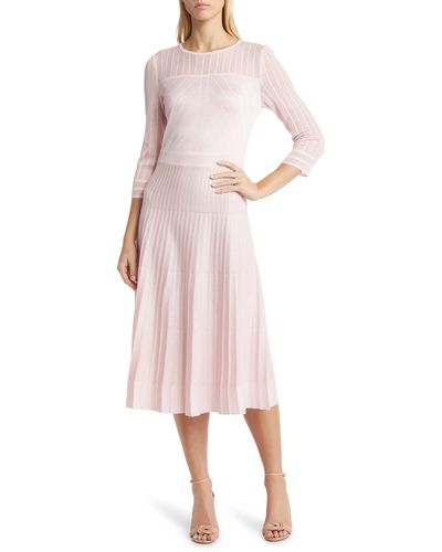 Misook Geometric Pleated Long Sleeve Dress - Pink
