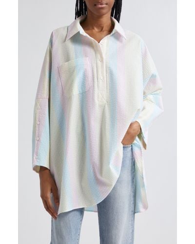 La Vie Style House Pastel Stripe Cotton Seersucker Boyfriend Shirt - White