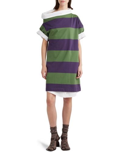 Dries Van Noten Rugby Stripe Asymmetric Short Sleeve Sweatshirt Dress - Purple