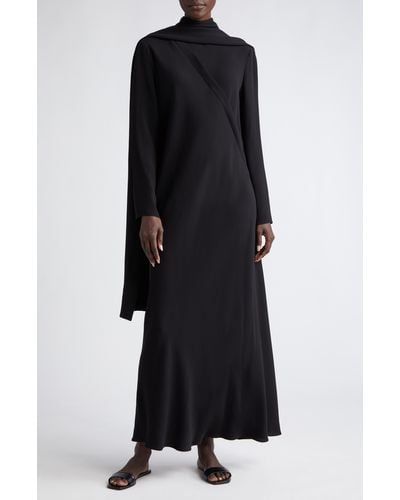 The Row Pascal Scarf Detail Long Sleeve Silk Crepe Dress - Black