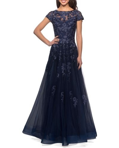 La Femme Embellished Mesh A-line Gown - Blue